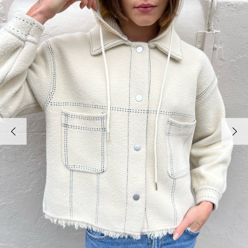 Cream Hooded Utility Jacket with Contrast Stitching